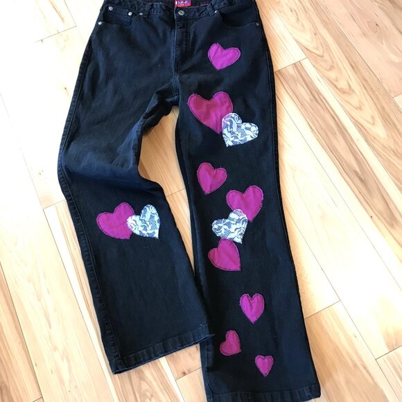Upcycled Patchwork Jeans, Size 14: Handmade Magenta & Lace Patches, Black Denim - Picture 7 of 9